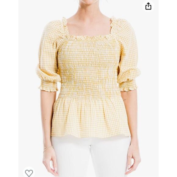 NWT Max Studio Gingham Peasant Smocked Peplum Top Size M - Picture 1 of 9